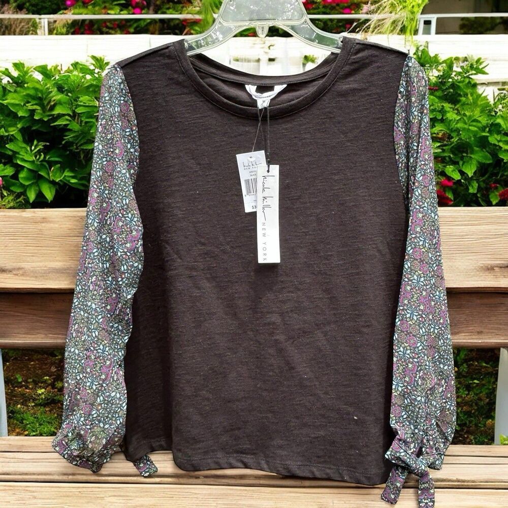 NEW Nicole Miller Women's Black Knit with Colorful Long Sheer Sleeve Top-Medium